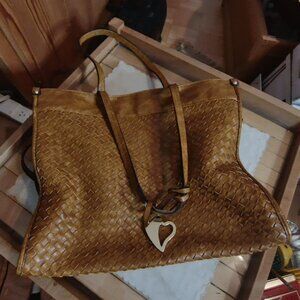 Boho Chic Cognac Woven Tote Bag with Silver Heart Charm – Vegan Leather